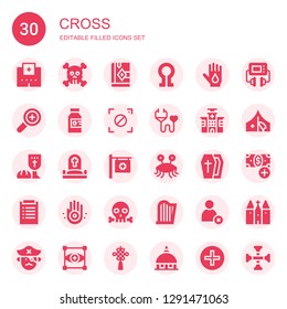 cross icon set. Collection of 30 filled cross icons included Hospital, Skull, Bible, Death, Blood donation, Add, Poison, Focus, Medical insurance, Last supper, Cemetery, Pastafarianism
