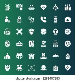 cross icon set. Collection of 36 filled cross icons included Veterinary, Poison, Skull, Focus, Pastafarianism, Harp, x, Cemetery, Hospital, Defibrillator, Chapel, Pharmacy, Pirate