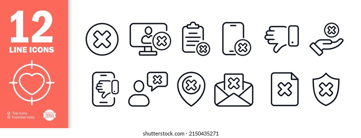 Cross icon set. Correspondence with a person. Incorrect answer. Cross on shield, monitor, phone and magnifier. vector eps 10.