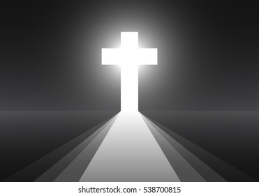 Cross Icon - Vector Illustration. Simple Christian Cross Sign. White Cross On Black Background With Rays Of Light. Concept Of The Life After Death.