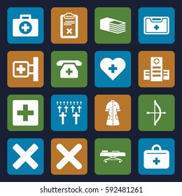 cross icons set. Set of 16 cross filled icons such as hospital, bandage, clipboard, medical kit, medical phone, nurse gown, first aid kit, hospital stretch, cancel, cemetery