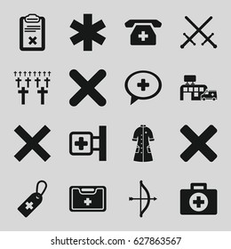 Cross icons set. set of 16 cross filled icons such as clipboard, nurse gown, hospital, cemetery, bow, sword, cancel