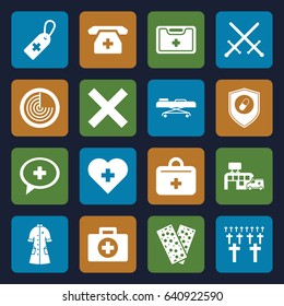 Cross icons set. set of 16 cross filled icons such as radar, bandage, medical kit, nurse gown, health insurance, first aid kit, hospital, hospital stretch, cemetery, sword