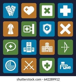 Cross icons set. set of 16 cross filled icons such as radar, hospital, medical sign, bandage, nurse gown, health insurance, hospital building, bow, sword