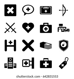 Cross icons set. set of 16 cross filled icons such as first aid kit, hospital, bandage, medical kit, health insurance, cancel, bow, sword