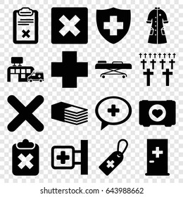 Cross icons set. set of 16 cross filled icons such as aid post, case with heart, medical sign, bandage, clipboard, nurse gown, hospital, hospital stretch, cemetery
