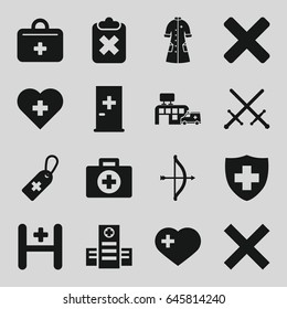 Cross icons set. set of 16 cross filled icons such as aid post, hospital, medical sign, nurse gown, first aid kit, bow, sword, cancel