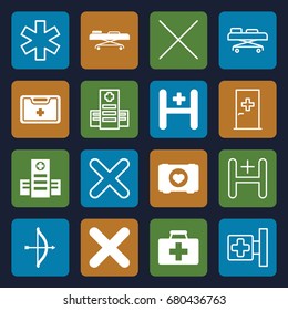 Cross icons set. set of 16 cross filled and outline icons such as case with heart, first aid kit, hospital, medical kit, hospital stretch, aid post, medical sign, cancel