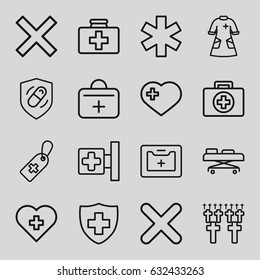 Cross icons set. set of 16 cross outline icons such as first aid kit, nurse gown, health insurance, hospital stretch, cemetery, cancel