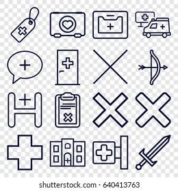 Cross icons set. set of 16 cross outline icons such as aid post, case with heart, clipboard, medical kit, hospital, hospital building, cancel, sword