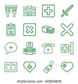 Cross icons set. set of 16 cross outline icons such as hospital, bandage, clipboard, hospital building, sword, cemetery, plus
