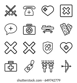 Cross icons set. set of 16 cross outline icons such as first aid kit, bandage, medical phone, health insurance, hospital stretch, cemetery, cancel, first aid, bow