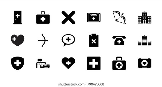 Cross icons. set of 18 editable filled cross icons: aid post, plus, bow, case with heart, medical kit, medical phone, hospital building, hospital, cancel, first aid