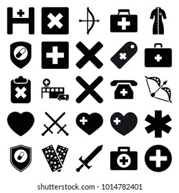 Cross icons. set of 25 editable filled cross icons such as plus, cancel, bow, sword, first aid, first aid kit, bandage, medical phone, health insurance, medical sign, hospital