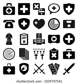 Cross icons. set of 25 editable filled cross icons such as radar, plus, sword, case with heart, first aid kit, hospital, medical sign, bandage, clipboard, medical phone
