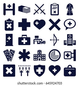Cross icons set. set of 25 cross filled icons such as radar, aid post, first aid kit, hospital, medical sign, bandage, clipboard, nurse gown, hospital building, cemetery, bow