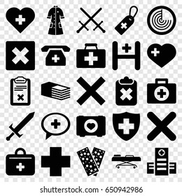 Cross icons set. set of 25 cross filled icons such as radar, case with heart, first aid kit, hospital, medical sign, bandage, clipboard, nurse gown, hospital stretch, sword