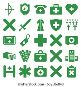 Cross icons set. set of 25 cross filled icons such as case with heart, first aid kit, hospital, medical sign, bandage, nurse gown, health insurance, cancel, sword, cemetery