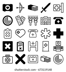 Cross icons set. set of 25 cross filled and outline icons such as radar, case with heart, bandage, clipboard, medical phone, cancel, sword, aid post, hospital
