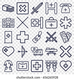 Cross icons set. set of 25 cross outline icons such as aid post, bandage, hospital, nurse gown, first aid kit, hospital building, hospital stretch, cancel, sword, cemetery