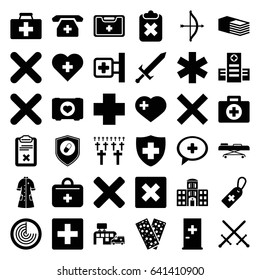 Cross icons set. set of 36 cross filled icons such as radar, aid post, case with heart, first aid kit, hospital, bandage, clipboard, nurse gown, health insurance