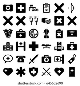 Cross icons set. set of 36 cross filled icons such as radar, aid post, case with heart, first aid kit, hospital, bandage, clipboard, nurse gown, hospital building