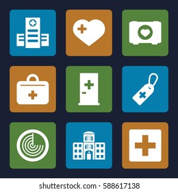 cross icons set. Set of 9 cross filled icons such as radar, aid post, case with heart, hospital, first aid kit, hospital building