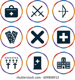 Cross icons set. set of 9 cross filled icons such as aid post, bandage, first aid kit, hospital building, cross, cemetery, bow, sword