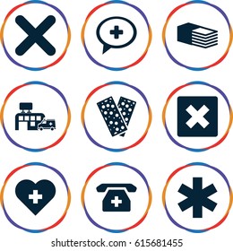 Cross icons set. set of 9 cross filled icons such as medical sign, bandage, medical phone, hospital