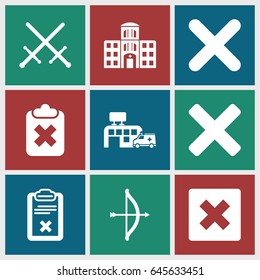 Cross icons set. set of 9 cross filled icons such as clipboard, hospital building, hospital, bow, sword