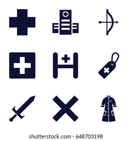 Cross icons set. set of 9 cross filled icons such as hospital, nurse gown, sword, bow, plus
