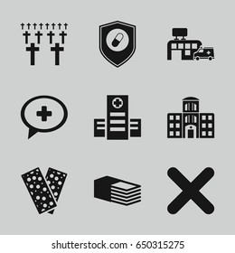Cross icons set. set of 9 cross filled icons such as hospital, bandage, medical cross, health insurance, hospital building, cancel