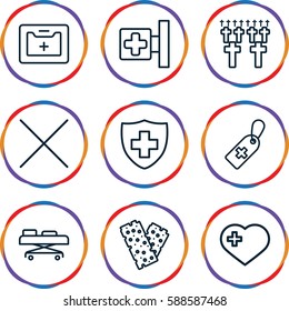 cross icons set. Set of 9 cross outline icons such as bandage, hospital stretch, cancel