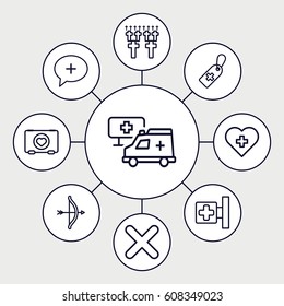 Cross icons set. set of 9 cross outline icons such as case with heart, hospital, cemetery
