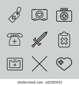 Cross icons set. set of 9 cross outline icons such as case with heart, medical kit, medical phone, cancel, sword