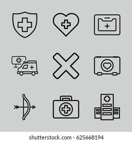 Cross icons set. set of 9 cross outline icons such as case with heart, hospital, medical sign, medical kit, first aid