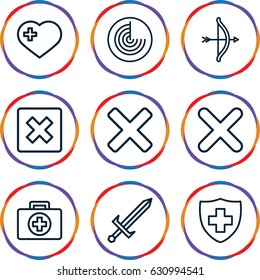 Cross icons set. set of 9 cross outline icons such as radar, medical sign, sword, cancel, first aid