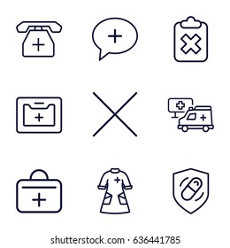 Cross icons set. set of 9 cross outline icons such as medical kit, medical phone, nurse gown, health insurance, first aid kit, hospital