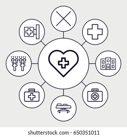 Cross icons set. set of 9 cross outline icons such as first aid kit, hospital building, hospital stretch, cancel, cemetery