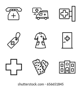 Cross icons set. set of 9 cross outline icons such as aid post, bandage, medical phone, nurse gown, hospital building