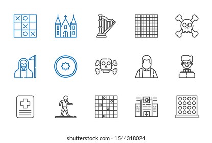 cross icons set. Collection of cross with tic tac toe, hospital, walking, priest, poison, kiwi, death, skull, harp, church. Editable and scalable cross icons.