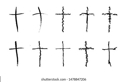 Cross icons set. Hand draw Christians signs.  Abstract symbol of faith in god. Vector illustration.