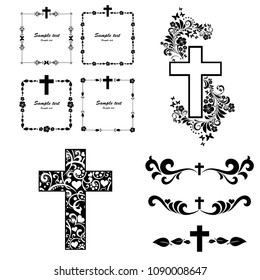 Cross Icons Set. Obituary Notice - Art Deco Frames With Cross. Collection Of Christian Symbol Design Elements Isolated On White Background. Vector Illustration