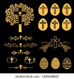 Cross icons set. Obituary notice - art deco frames with cross. Collection of gold Christian Symbol design elements isolated on black background. Church and pray, religion and resurrection. Vector