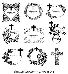 Cross icons set  Obituary notice    art deco frames and cross  Collection Christian Symbol design elements isolated White background  Vector illustration