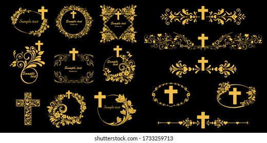 Cross icons set. Obituary notice - art deco frames with cross. Collection of gold Christian Symbol design elements isolated on black background. Church and pray, religion and resurrection. Vector