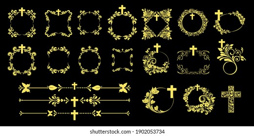 Cross icons set  Obituary notice    art deco frames and cross  Collection gold Christian Symbol design elements isolated black background  Church   pray  religion   resurrection  Vector