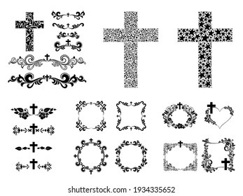 Cross icons set  Obituary notice    art deco frames and cross  Collection Christian Symbol design elements isolated White background  Vector illustration