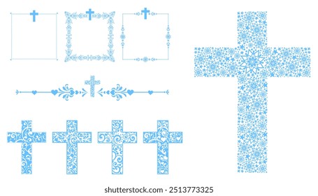 Cross icons set. Obituary notice - art deco frames with cross. Collection of Christian Symbol design elements isolated on White background. Set of blue and white vintage decorative Christian crosses.