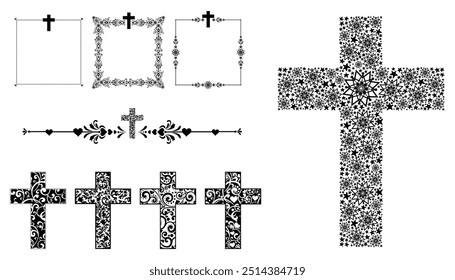 Cross icons set. Obituary notice - art deco frames with cross. Collection of Christian Symbol design elements isolated on White background. Set of blue and white vintage decorative Christian crosses.